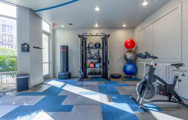 Fitness center with weights and bicycle machine
