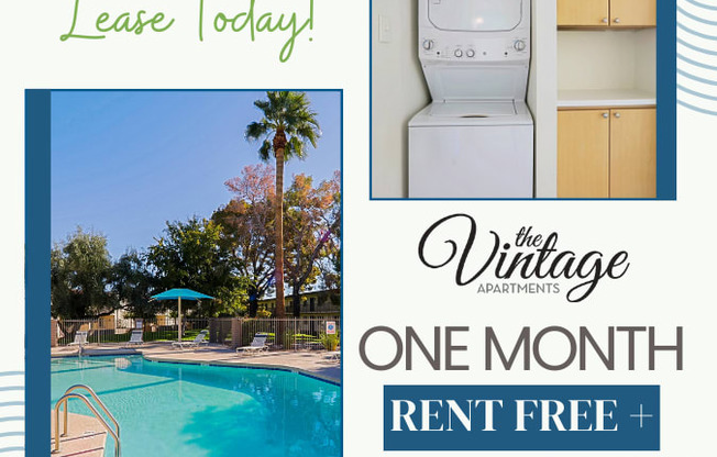 A poster advertising a one month rent free offer at The Vintage Apartments.