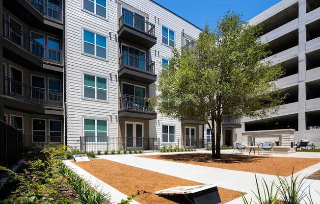 a courtyard with a tree in front of an apartment building