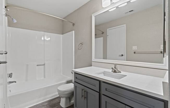 a bathroom with a sink and a shower and a toilet at Trails at Short Pump Apartments, Richmond, 23233