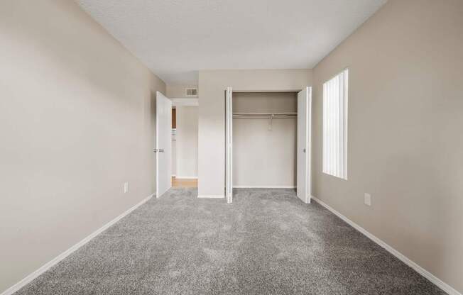 A room with a carpeted floor and a closet with a door.