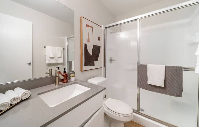 a bathroom with a white sink and toilet next to a shower with a glass door at Citrine Hills, Ontario, 91761