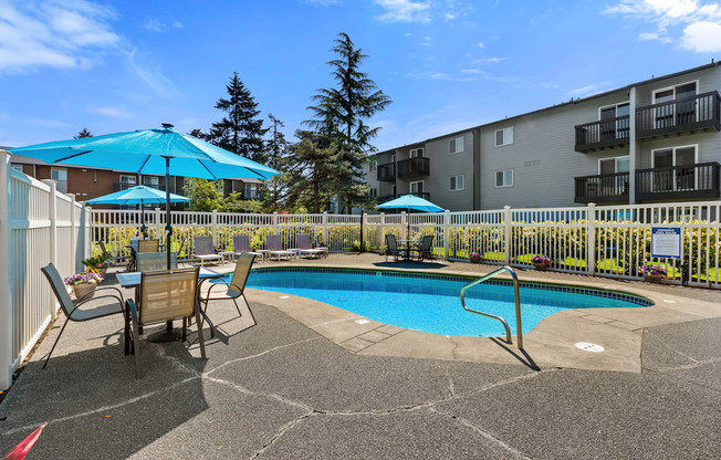 In-grounf Pool with Lounge Seating Surrounding It at Pacific Park Apartment Homes, Washington, 98026