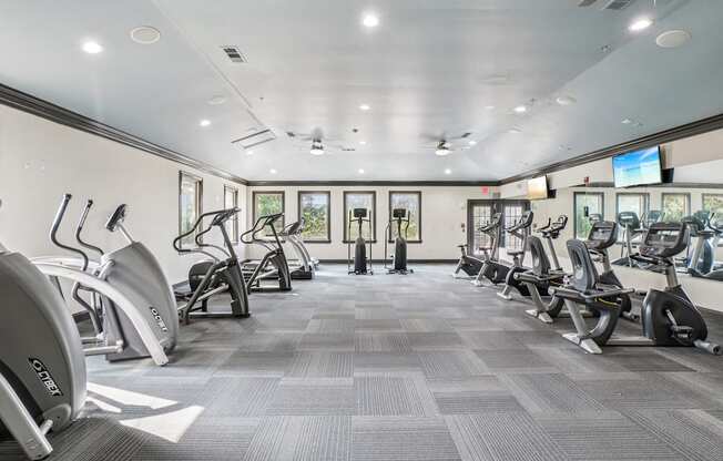 A spacious gym with a variety of cardio equipment.