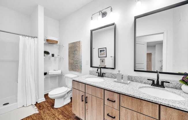 a bathroom with two sinks and a toilet