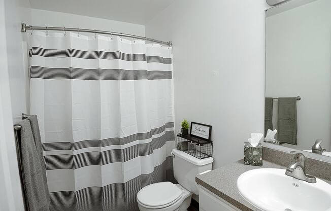 a bathroom with a shower and a sink and a toilet