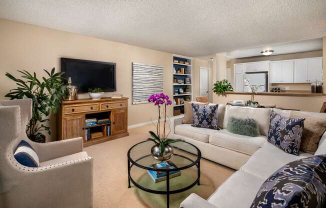 a living room with a couch and chairs and a tv