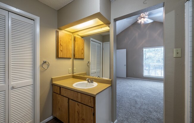 A bathroom with a sink, mirror, and wooden cabinets.