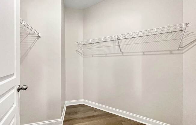 A white closet with a door and shelves.