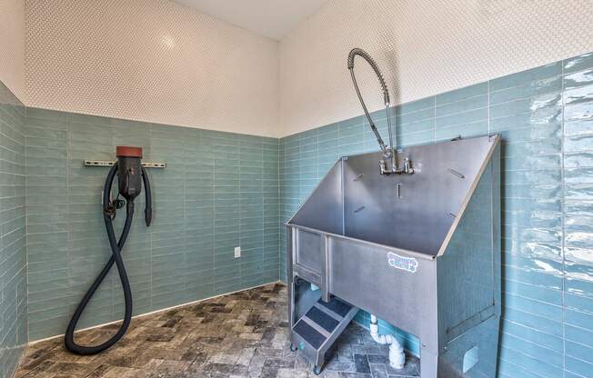 a wet room with a shower and a sink