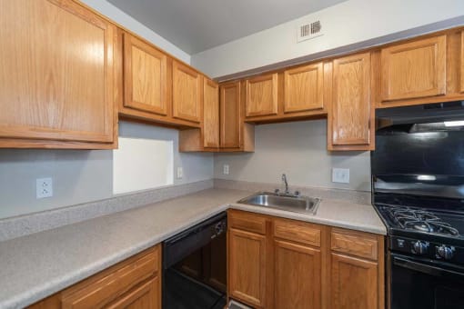 a kitchen with wooden cabinets and a sink