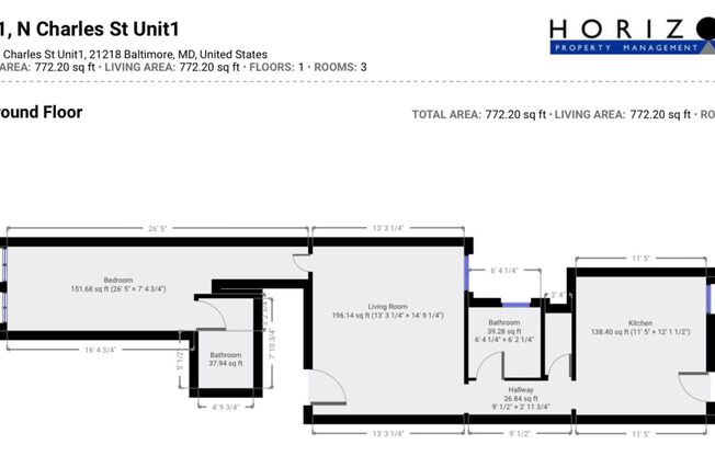 1 bed, 1.5 baths, 20 sqft, $1,250, Unit #1