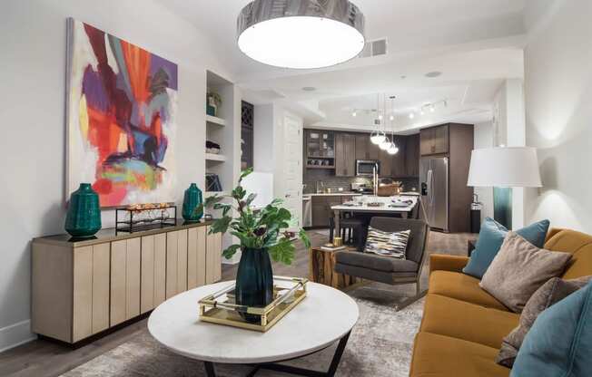 Living Room And Kitchen View at The Alastair at Aria Village, Sandy Springs