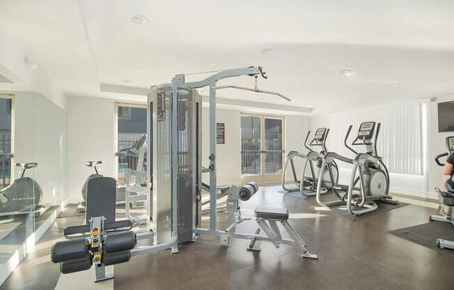 A well-equipped gym with a variety of machines and a person working out on a stationary bike at Woodley Sara Apartment, California