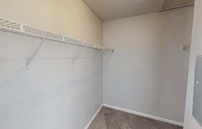 Empty room with a white wall and a grey carpet.