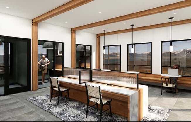 A modern living room with a long wooden table and chairs.