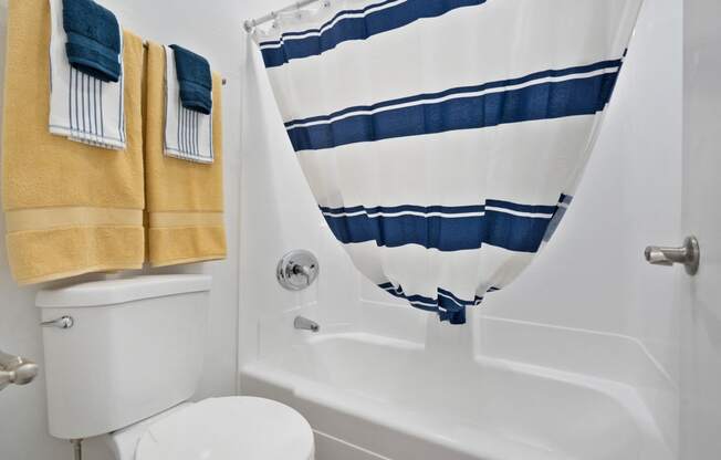 a bathroom with a shower curtain and a toilet and a tub