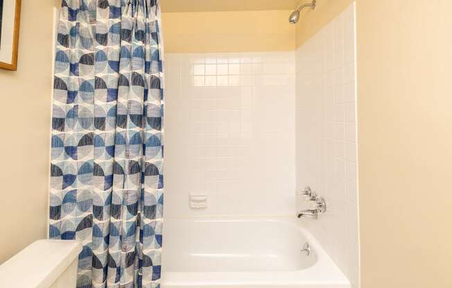 a bathroom with a tub and a shower curtain