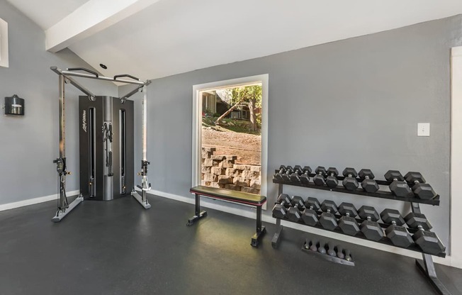 Gym room with a row of dumbbells at Great Hills, Austin, TX