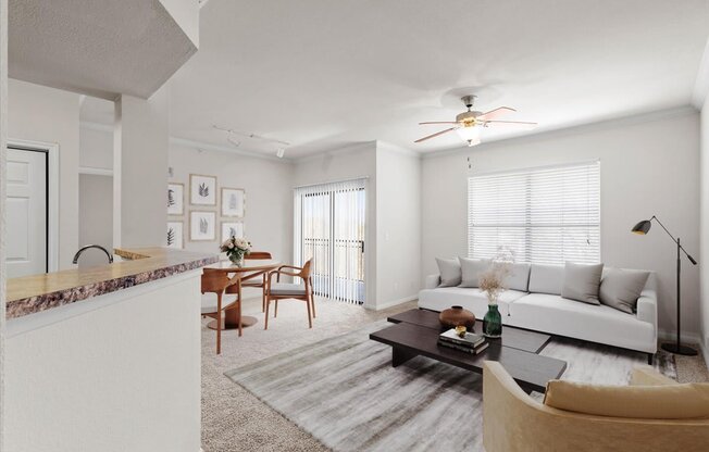 a living room with a couch and a table