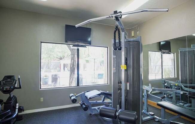 A gym with a treadmill, weights, and exercise equipment.
