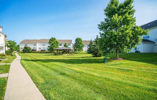 the view of a yard with houses in the background