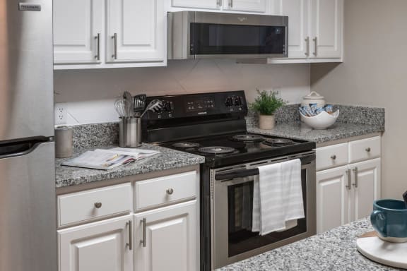 kitchen with granite countertops, stainless steel appliances and built-in microwaveat Preserve at Cedar River Apartments, Jacksonville, Florida
