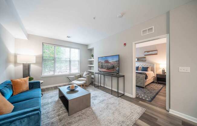 A living room with a blue couch and a television.