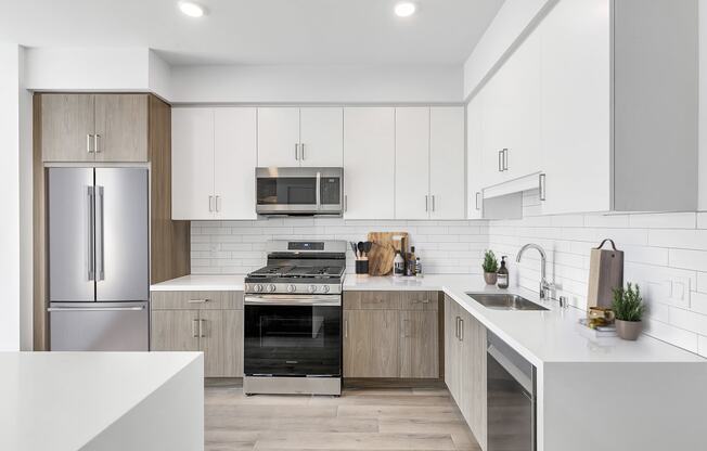 a kitchen with a refrigerator and a counter top