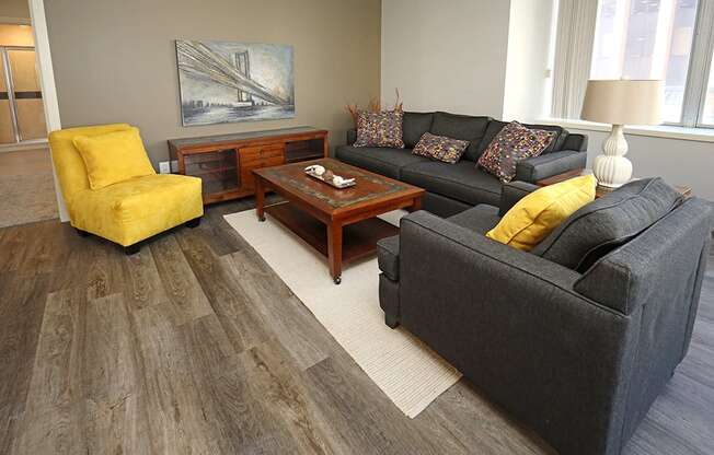 Updated Model Suite with All New LVT Hard Surface Flooring at Residences at 1717 Cleveland OH - Living Area.