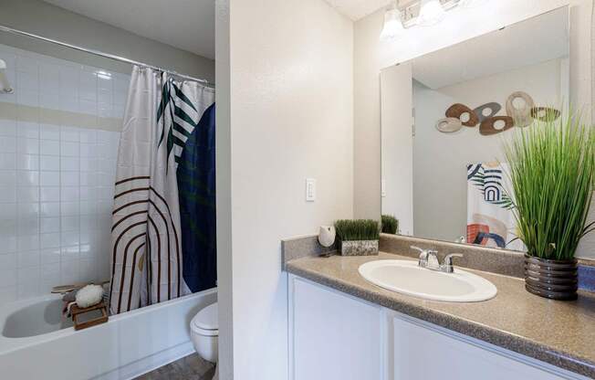 A bathroom in the model unit at Skyler Ridge Apartments, featuring a sink, mirror, and a tub.