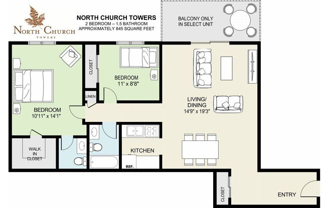 2 beds, 1.5 baths, 845 sqft, $1,300, Unit 1-221