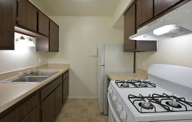 a kitchen with a stove sink and refrigerator