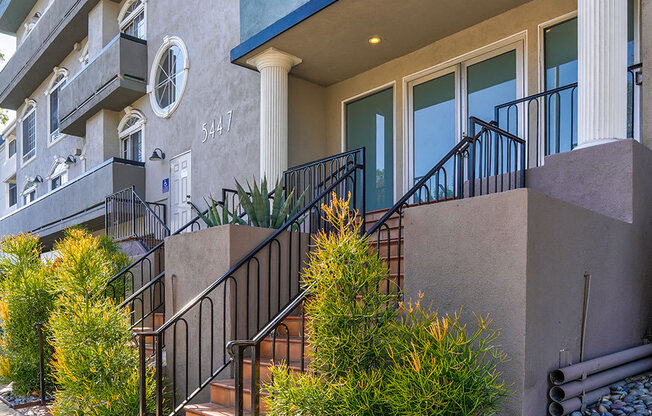 Entrance to Chateau Encino including drought tolerant landscaping.