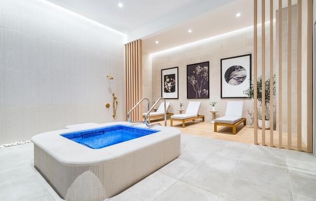 Cold plunge with clean-lined design and lounge seating, offering a focused space for refresh, reset, and post-workout recovery.