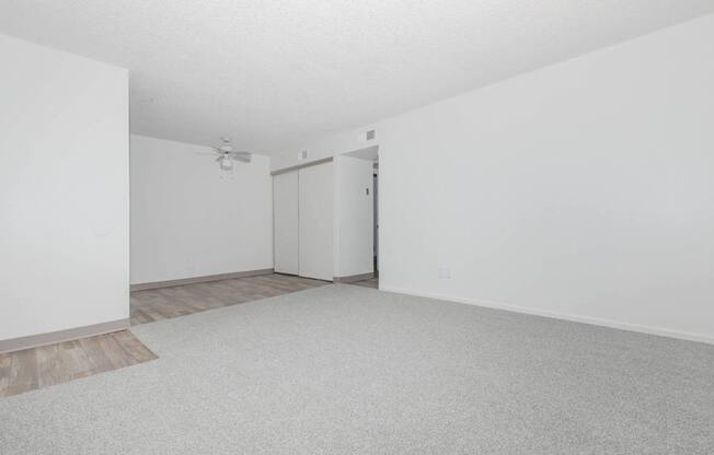 A white room with a carpeted floor and a ceiling fan.