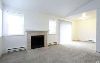 A living room with a fireplace and two windows.