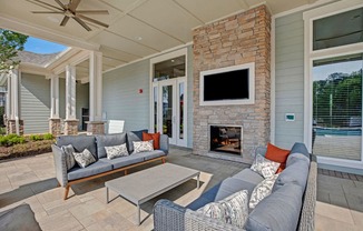 Living room decor at Ascent at Mallard Creek Apartment Homes, couches, table, fireplace, and a tv.