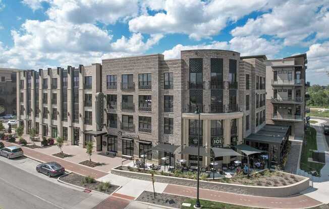 A large building with a lot of windows and a sign that says 101.