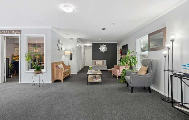 A living room with a grey carpet and furniture.