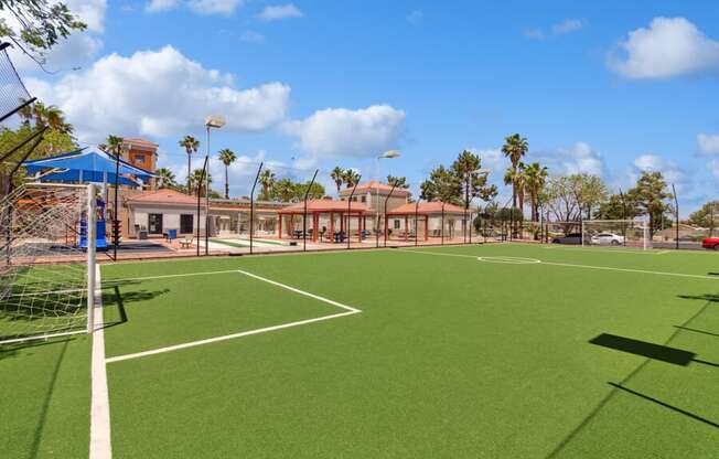 a soccer field with palm trees in the background