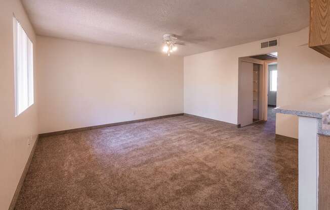 A room with brown carpet and white walls.