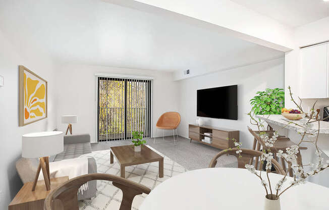 A living room with a sofa, a wooden coffee table, a TV, and a plant at Foxwood and The Hermitage in Portage, MI