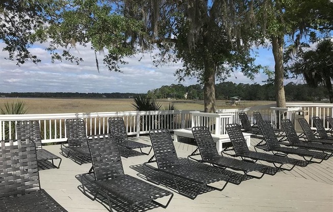 Lounge chairs on deck at West Wind Landing, Savannah, Georgia.