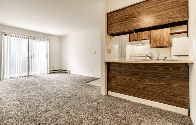 A room with a carpeted floor and a kitchen area with wooden cabinets