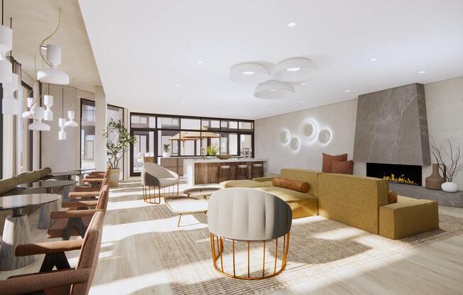 Poolside lounge with comfortable seating, sleek fireplace, and direct access to resort-style pool and sundeck.