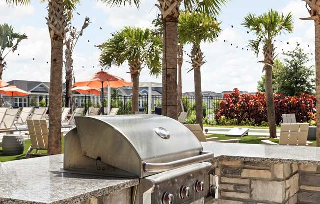 an outdoor barbecue grill with palm trees in the background at The Sophia, Venice, FL, 34275