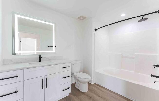 a bathroom with a sink and a toilet and a bath tub