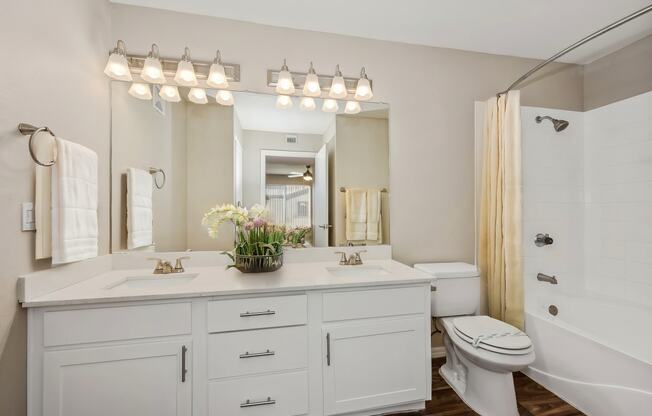 a bathroom with a large mirror and a toilet and a sink