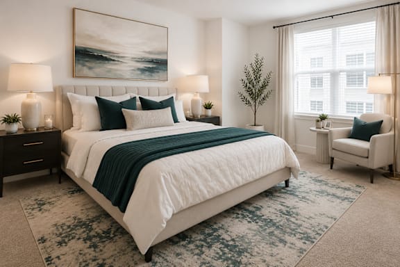 A bedroom with a large bed and a painting on the wall.